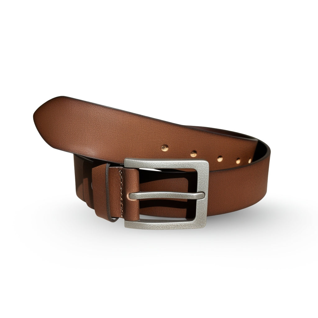 dark brown leather belt, men’s belt, stainless buckle, angle shot